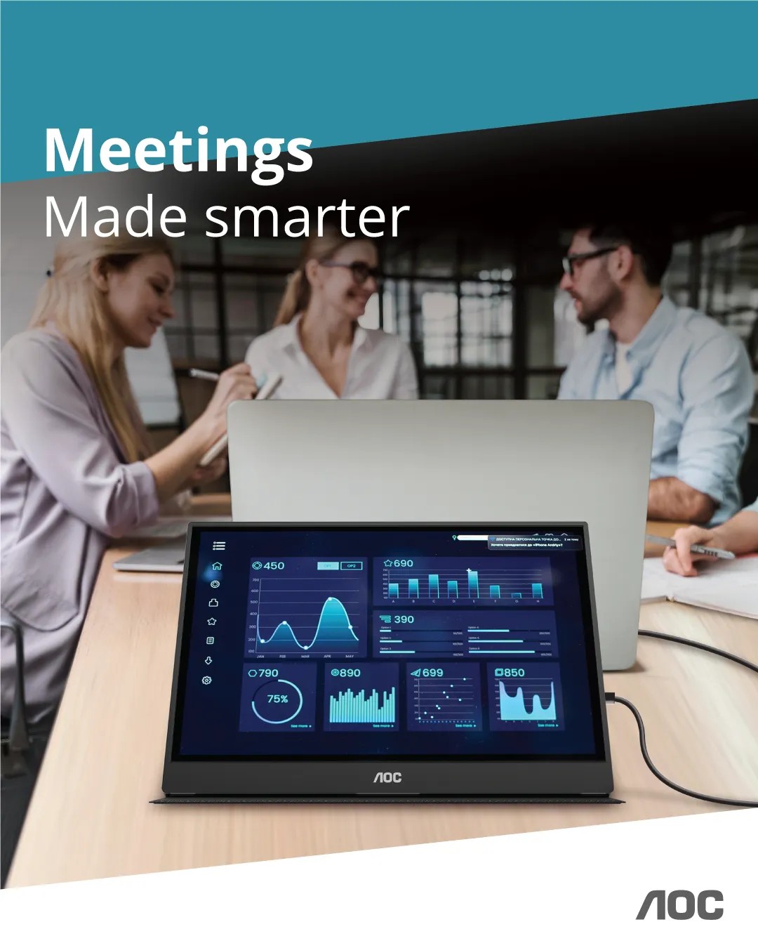 AOC-16T20 Monitor|USB C Powered|15.6 inch|IPS 1920x1080 60Hz|HDMI|Portable|230nits|VESA Mount|Smart cover