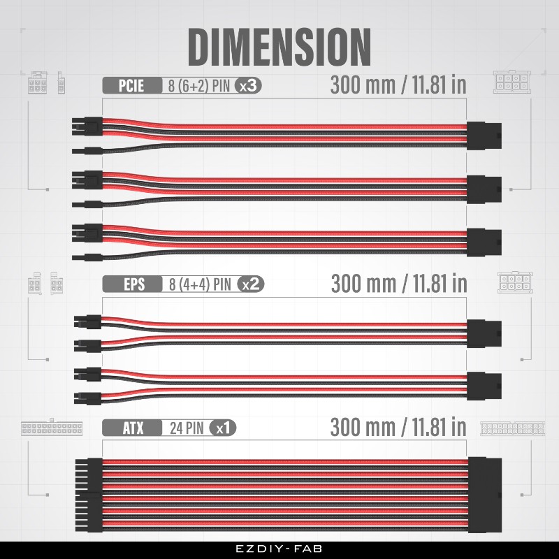 EZDIY 16AWG PSU Cable Extension 6 Cables V2-Black/Red - additional product image 4