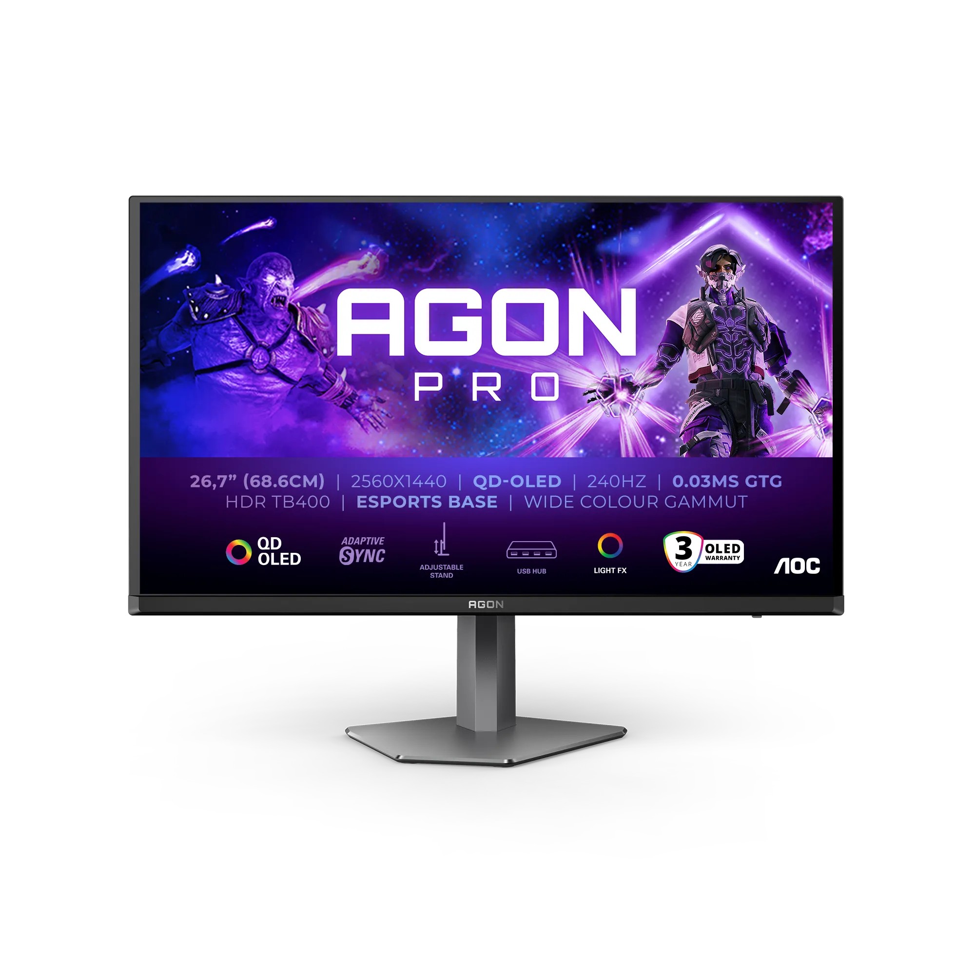 AOC AG276QZD2 AGON|27 inch OLED QHD 2560x1440 240Hz|0.03ms| 450nits|HDMI DP| Speakers|Ergo Stand|Pivot|Swivel